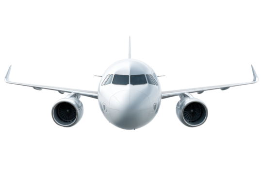 Front view of commercial airplane on transparent background, aviation transport