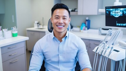 Smiling Asian male dentist in a modern dental clinic, seated in a dental chair, showcasing a welcoming atmosphere with dental tools and equipment in the background