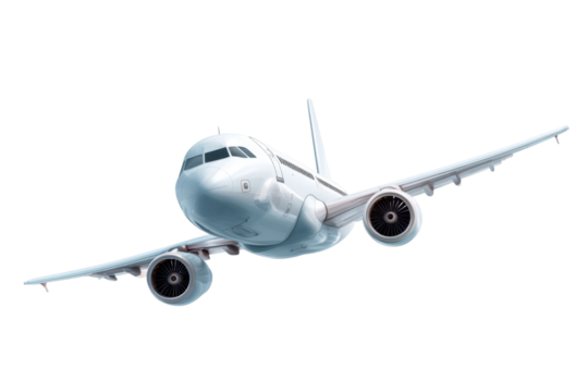 White commercial airplane in flight on transparent background, travel icon