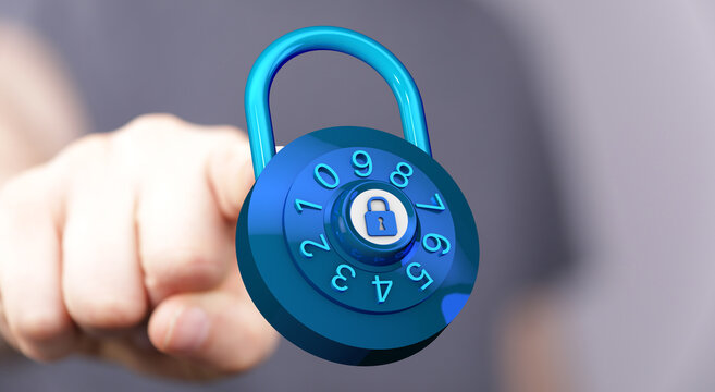 A close-up of a blue digital padlock, symbolizing data security, protection, and privacy, ideal for technology, - Powered by Adobe