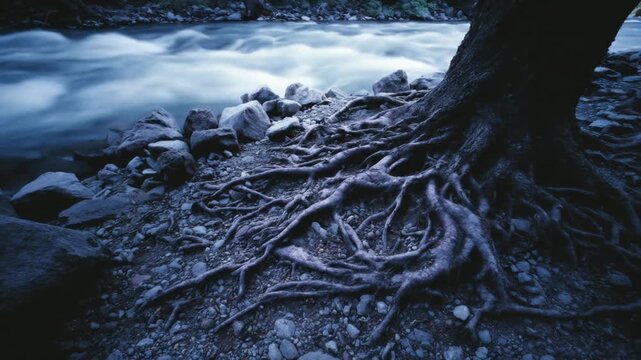 A time-exposure image depicts a stream and the roots of a giant tree, in an early morning scene