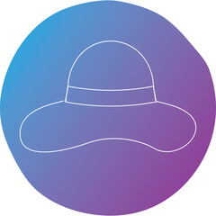 Minimalist line art of a wide brim hat with a ribbon accent set against a blue and purple gradient circle background