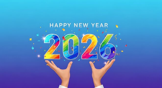 Hands holding up vibrant colorful 2026 numbers with confetti against a blue gradient background celebrating the new year - Powered by Adobe