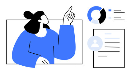 Woman pointing while discussing analytics, including a pie chart and document overview. Ideal for data analysis, teamwork, presentation, education, business strategy, research, and project management