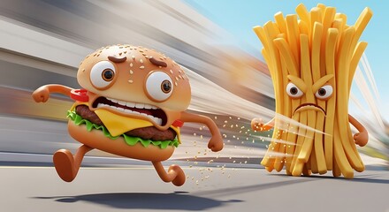 Cartoon burger running away from french fries on the road with buildings in the background on a sunny day