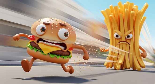 Cartoon burger running away from french fries on the road with buildings in the background on a sunny day - Powered by Adobe