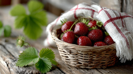 Ripe strawberries in a rustic basket with a cloth on wooden table.