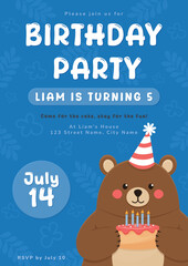 Cute Cartoon Bear Blue Kids Birthday Party Vertical Invitation.