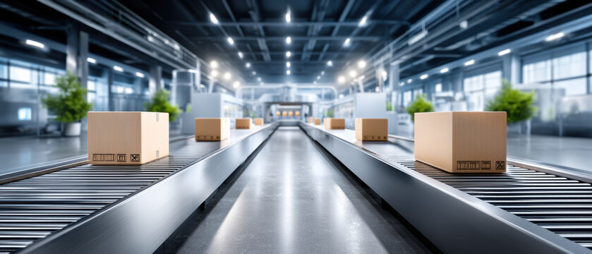 Industrial warehouse conveyor with cardboard box in motion and efficient logistics