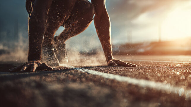 An athlete crouches at the starting line as the first rays of sunlight hit the track, representing readiness, determination, and the moment before success.