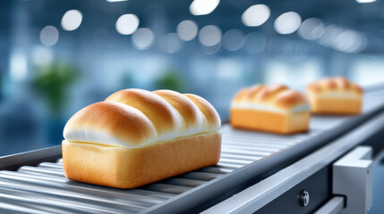 Soft baked bread loaf on conveyor in food industry production line with warm light