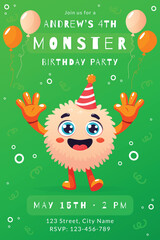 Monster Kids Birthday Party Vertical Invitation Green.