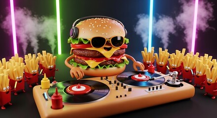 A cool burger dj with sunglasses and headphones is playing music for french fries in a night club