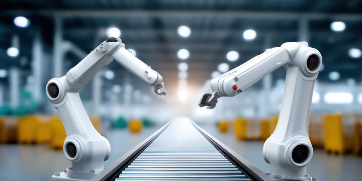Industrial robotic arms over conveyor belt modern industry warehouse with bright lighting