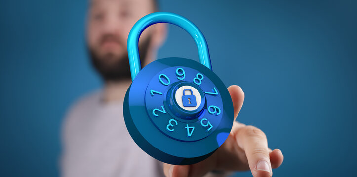 Secure digital padlock interacting with a man. Cyber security, data protection and digital privacy concept. Blu