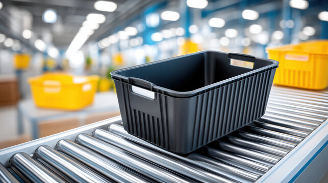 Black plastic tote on conveyor in warehouse industry logistics center modern packing scene
