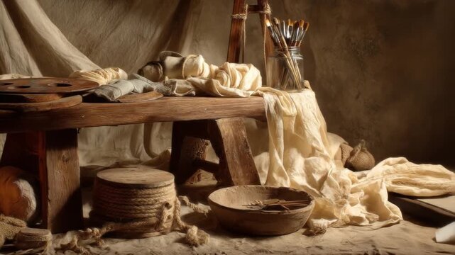 A rustic wooden table setup featuring an array of artistic supplies, and textured fabrics