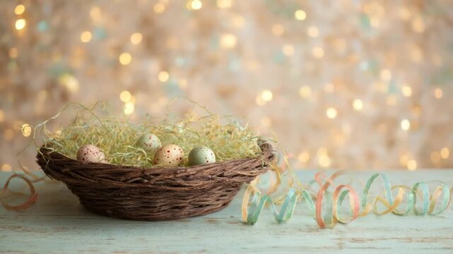 A rustic basket filled with speckled eggs and hay rests on a weathered wood surface