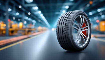 High performance tire industry showroom wheel car rim brake caliper motion blur sleek