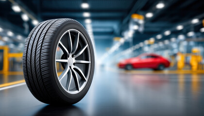 Sleek tire in automotive industry workshop with blurred car and glossy floor evoking motion