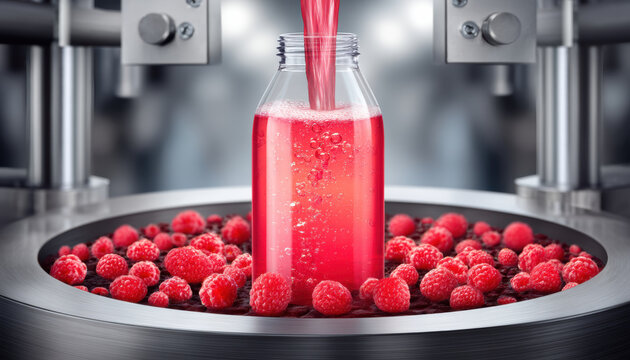 Raspberry juice filling glass bottle on industrial production line with fresh fruit - Powered by Adobe