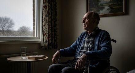 Elderly man in wheelchair gazes out window on rainy day, deep in thought, seeking solace and reflection.