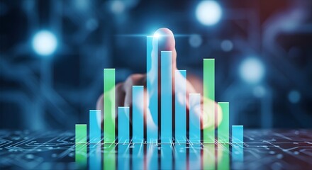 Interactive analytics display A finger touching data bars, symbolizing growth and technology adoption.