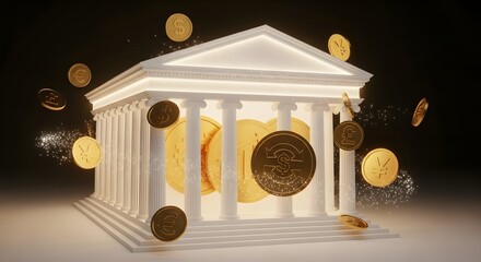 Glowing architectural structure with international currency coins, a symbol of financial stability.