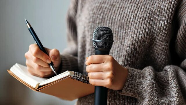 Engaging Speaker Preparing Notes with Microphone in Hand
