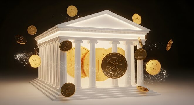 Glowing architectural structure with international currency coins, a symbol of financial stability.