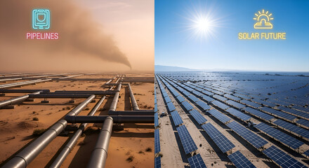 Powerful visual contrasts pipelines polluting vs solar energy clean future, showcasing energy transition for sustainable development and environmental responsibility campaigns