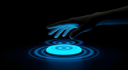 Hand reaching to press glowing blue abstract button, digital activation concept on black background, technological interface command control