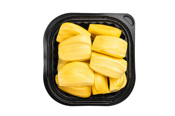Ripe, golden yellow jackfruit pods (bulbs) served in a black plastic container, ready-to-eat, against a clean white background. Exotic tropical fruit.