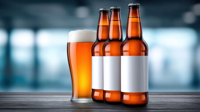 Amber beer industry glass and bottle display on wooden bar with foam