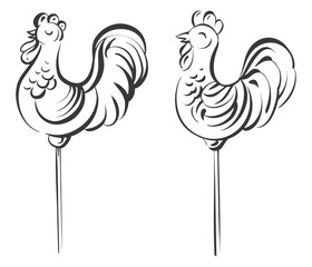 Vector contour rooster lollipop on stick illustration. Candy, sweets, bird, dessert, holiday, birthday card, cartoon, folk art. Drawing of rooster lollipop on stick. Isolated sweet treat.