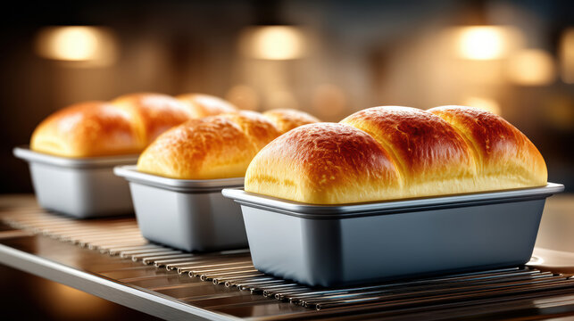 Soft golden dinner roll loaf industry comfort baked in metal pan on wire rack