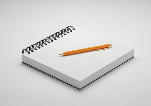 A simple clean and minimalist overhead shot of an open spiral bound notebook with a yellow pencil resting on its blank white pages