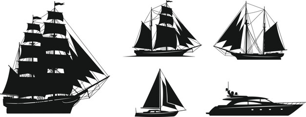 Boat and ship silhouettes, sailing vessels, modern yacht, historic tall ships, nautical icons, rigging, sails, maritime transport, sea travel, black vector art © Ideasy Mind