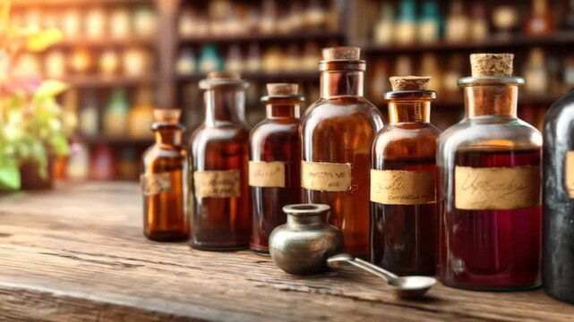 Apothecary's display of vintage brown bottles with corks and labels on a rustic wooden table