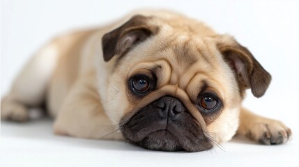 Cute pug relaxing on a white background with an adorable expression