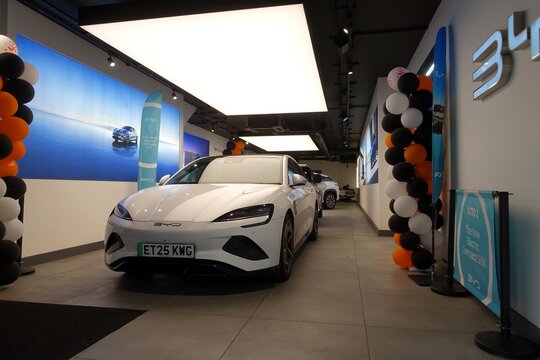 BYD Seal, a luxury all-electric sedan vehicle, is on display in a showroom in West London. The BYD Company is a publicly listed Chinese multinational manufacturing company. 