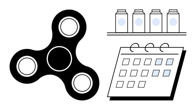 Fidget spinner alongside medication bottles on a shelf and a calendar. Ideal for wellness, stress relief, time scheduling, health management, daily routines, productivity, simple flat metaphor