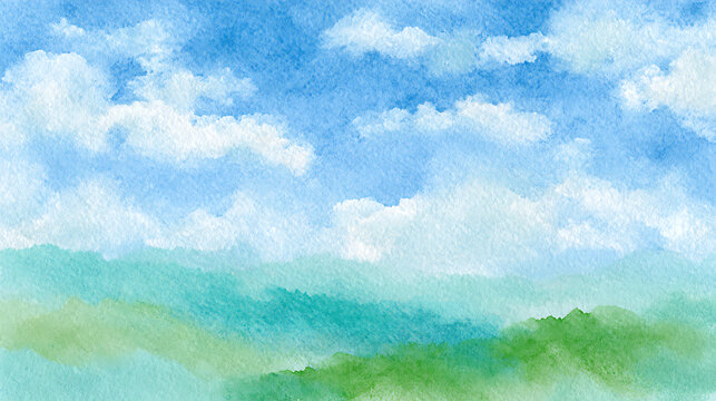 Abstract sky and rolling hills watercolor painting landscape clouds