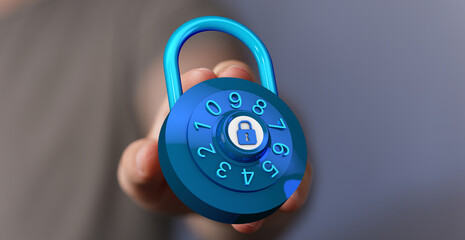 Hand holding a blue combination lock, symbolizing security, protection, and data privacy. Perfect for illustrat