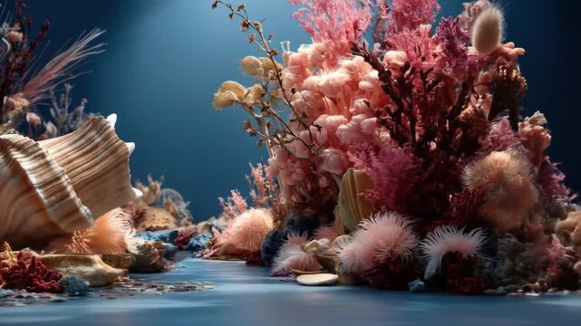 A fantasy underwater scene featuring a conch shell amidst colorful corals and sea anemones