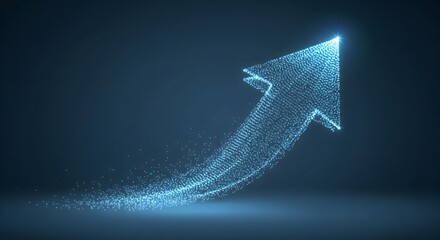 Abstract digital arrow made of glowing blue particles moving upward representing growth, success, technology, and big data.