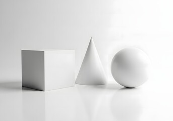 Minimalist studio photograph featuring a cube cone and sphere arranged on a white surface with soft lighting