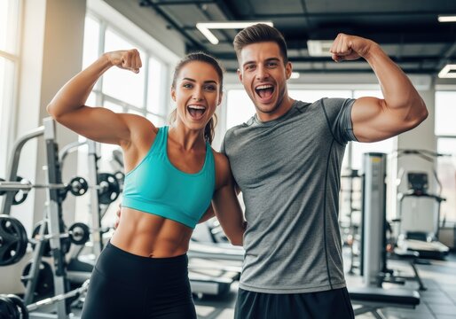 Happy couple flexing muscles at the gym, celebrating fitness success