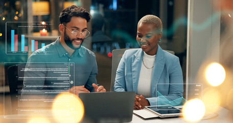Stock exchange, overlay or people with computer for data analysis, late market research or teamwork. Investment growth, technology or brokers with bokeh for trade decision, charts or graphs at night