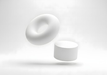 Abstract minimalist 3d rendering of a floating torus shape and a cylindrical pedestal against a clean white background